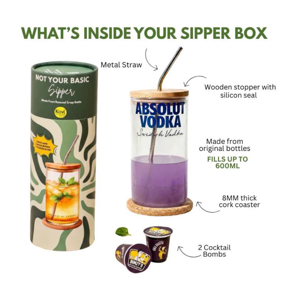 Absolut Sipper Gift Hamper by Kavi The Poetry-Art Project featuring a bottle of Absolut vodka and accompanying accessories.