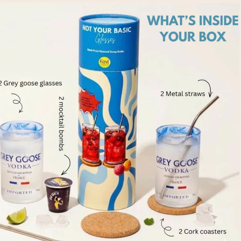 Kavi Grey Goose Glasses drinkware set with two elegant grey-colored glasses for cocktails or beverages.