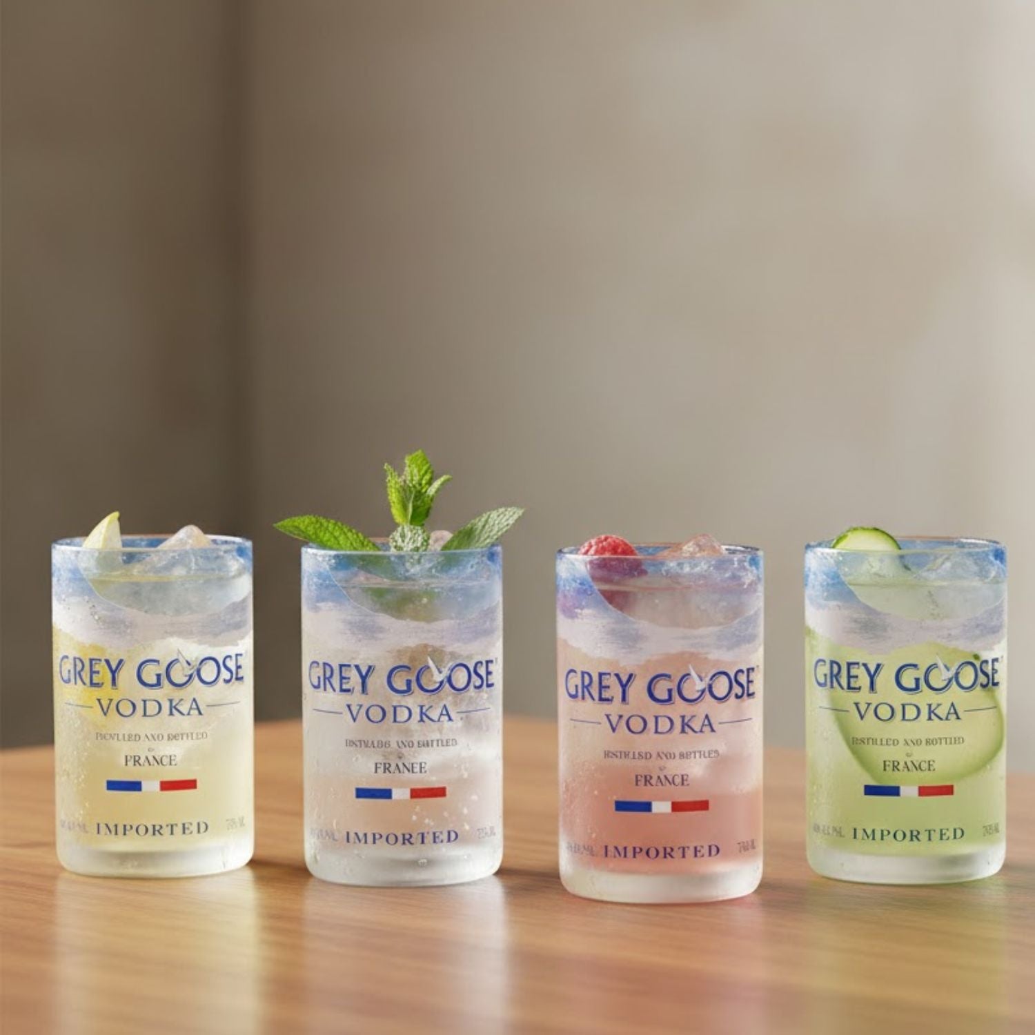 Set of two Kavi Grey Goose drinkware glasses with elegant design, perfect for serving beverages in style.