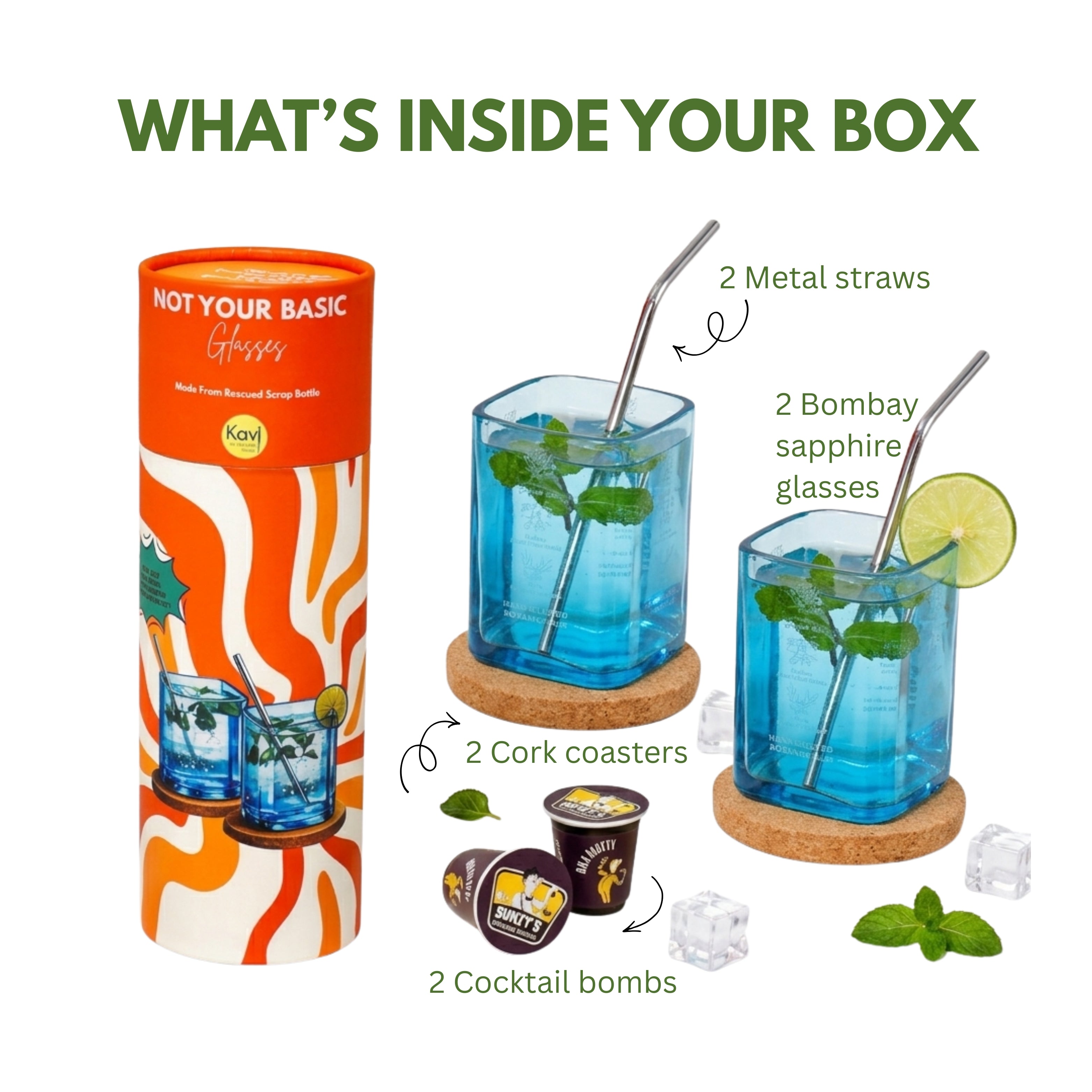 Cocktail-making kit with glasses, straws, coasters, and cocktail bombs displayed next to an orange box labeled 'Not Your Basic.'.