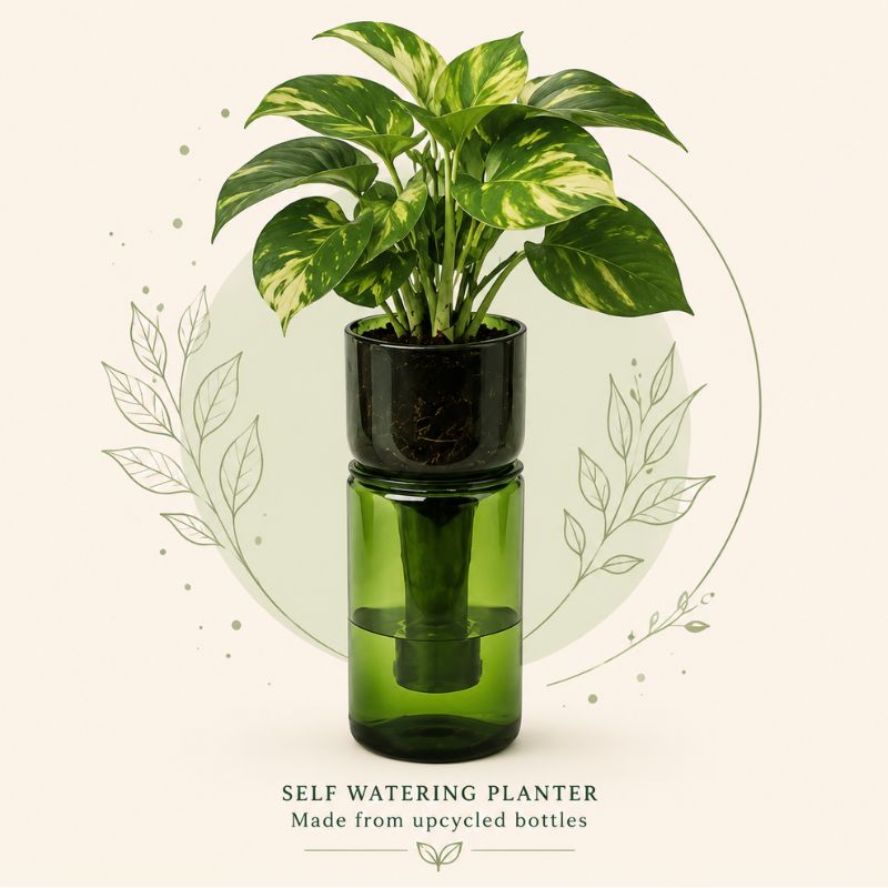 Self Watering Green Wine Bottle Planter
