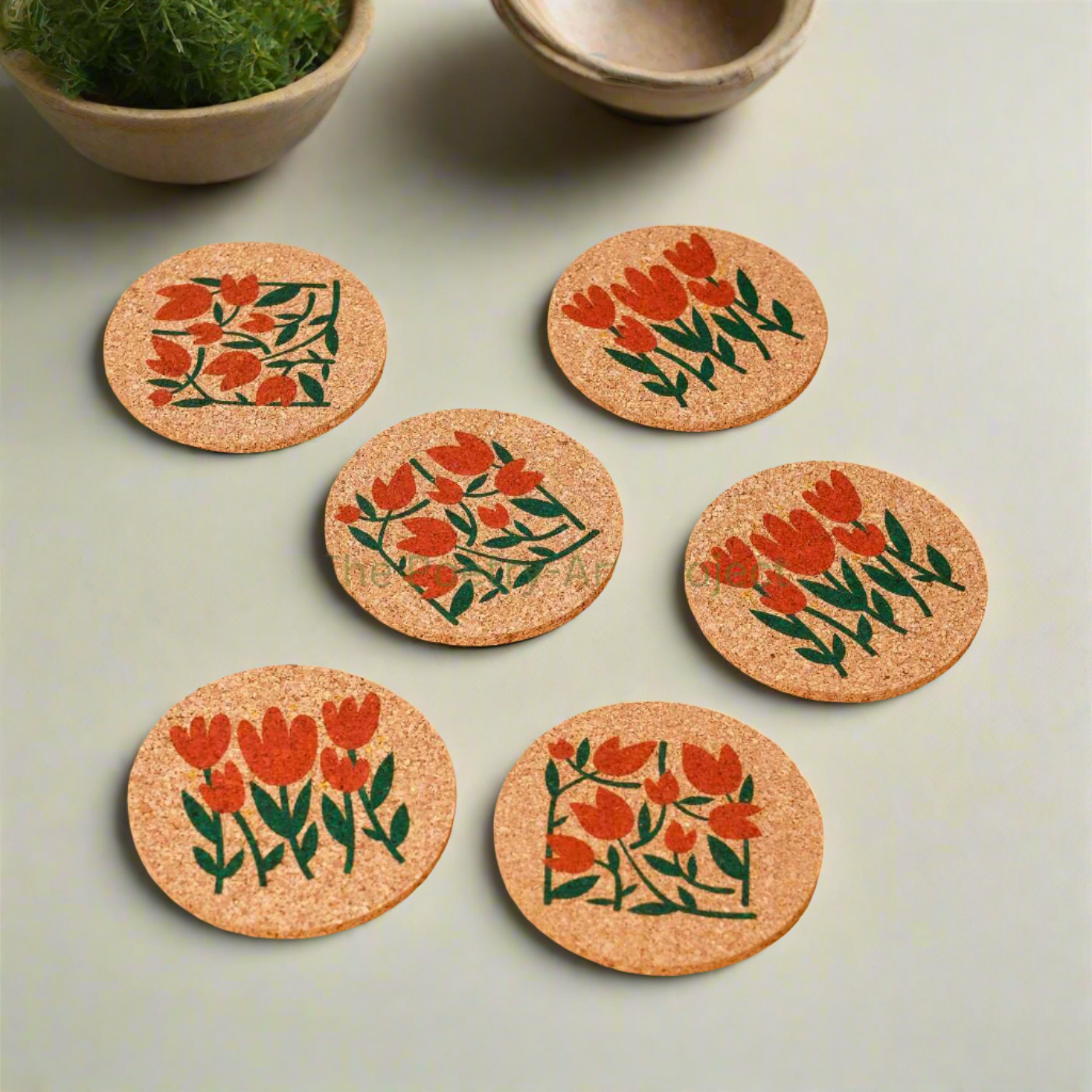 Cork Floral Table Coasters (Set Of 6)