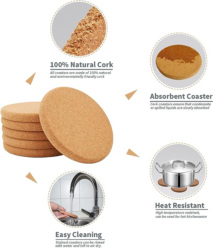 Thick Natural Cork Round Coasters (Set of 10)