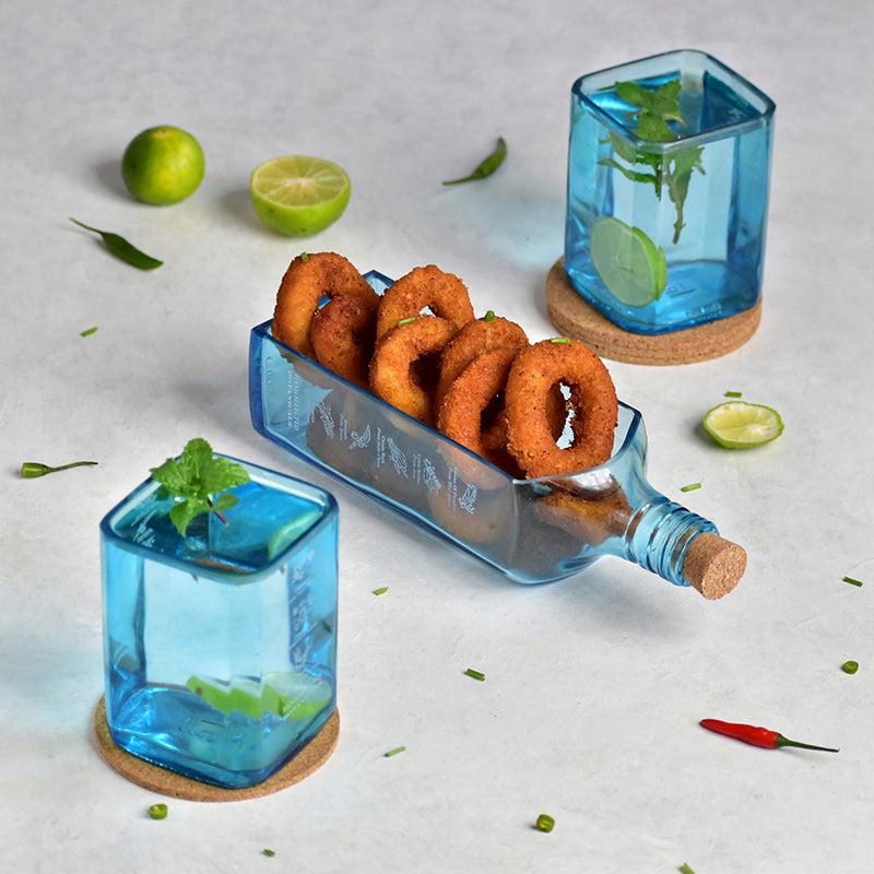 Kavi The Poetry-Art Project Bombay Sapphire bottle platter with glasses, decorative serving tray for spirits and cocktails.
