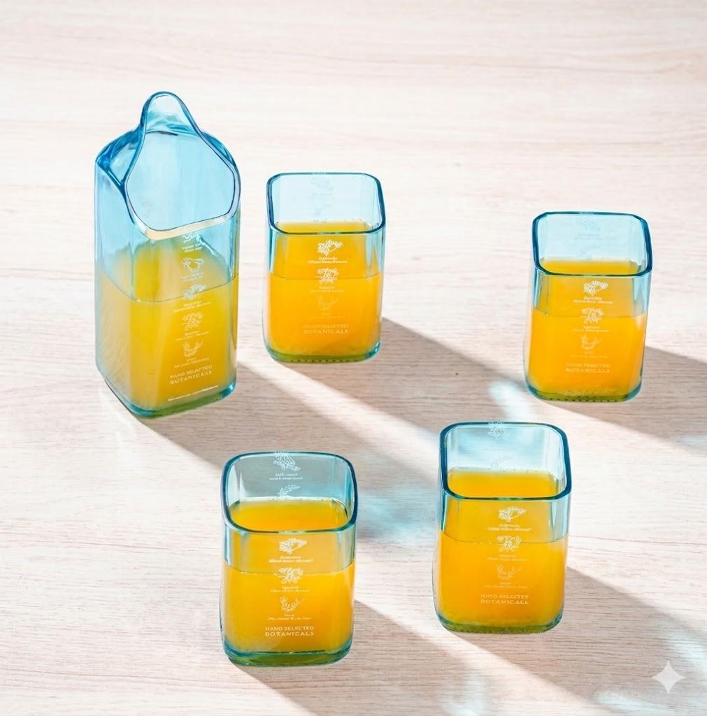 Tall glass jug and four matching glasses from Kavi The Poetry-Art Project featuring Bombay Sapphire branding, elegant drinkware set.