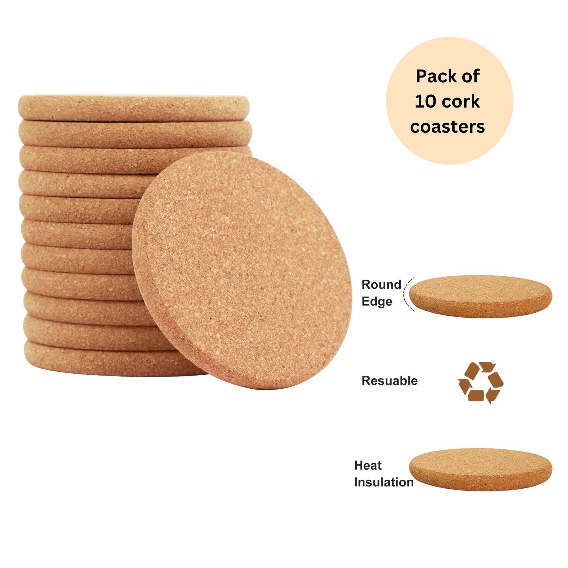 Thick Natural Cork Round Coasters (Set of 10)