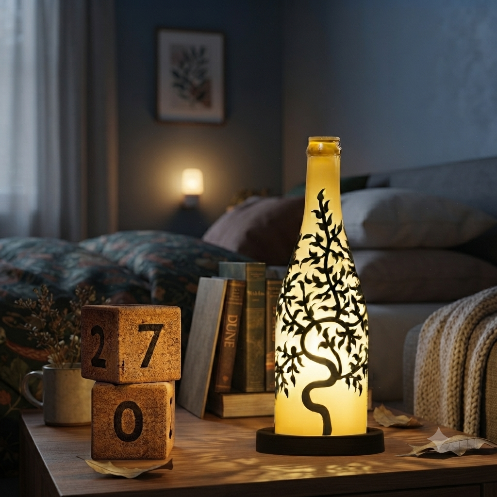 A glowing decorative bottle-shaped table lamp with a black tree silhouette cutout, placed on a wooden table in a softly lit bedroom setting.