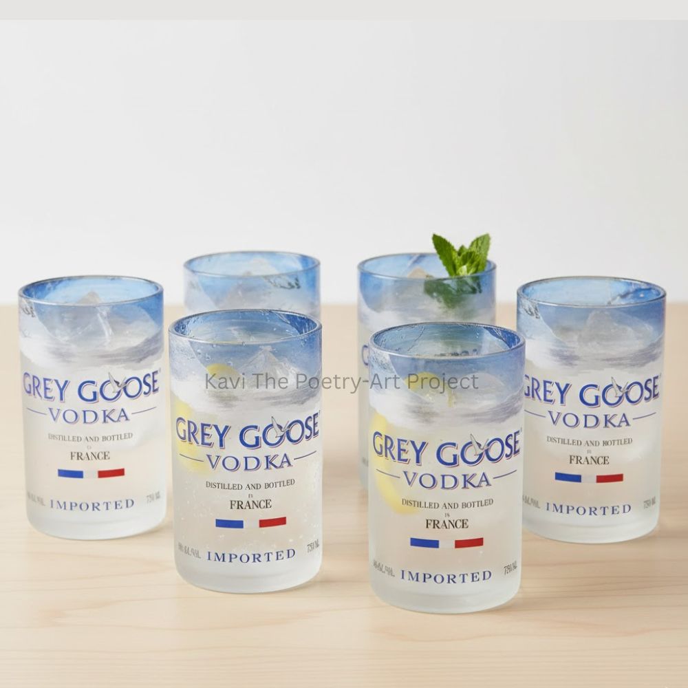 Set of two Kavi Grey Goose glasses from Kavi The Poetry-Art Project featuring clear glass drinkware with grey goose design.
