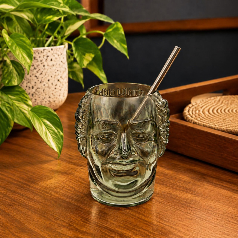 Kavi Old Monk Face Glass with Straw, 600ml | Unique Glass Tumbler for Bar, Home & Gifting