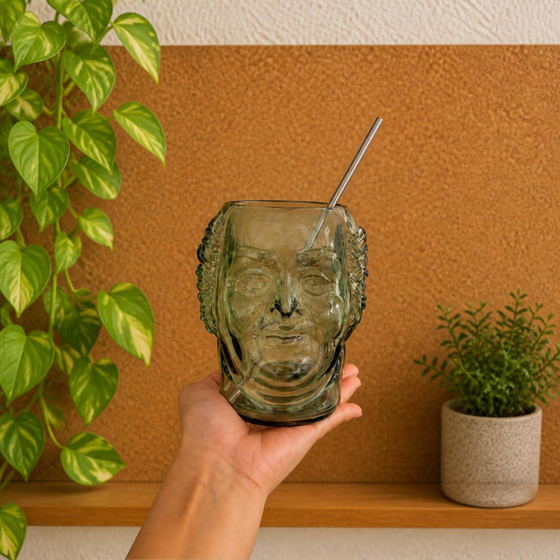 Kavi Old Monk Face Glass with Straw, 600ml | Unique Glass Tumbler for Bar, Home & Gifting