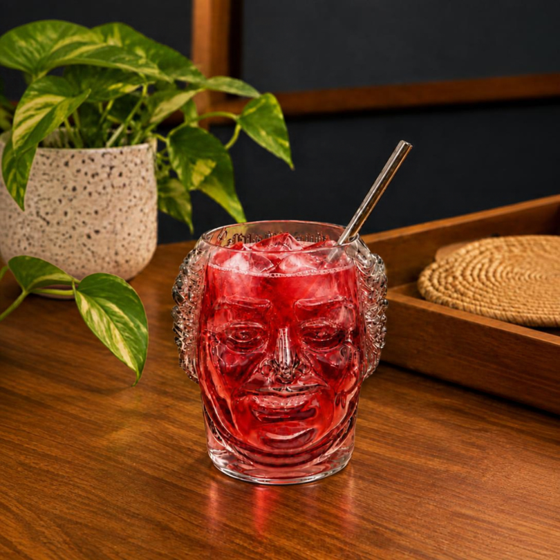Kavi Old Monk Face Glass with Straw, 600ml | Unique Glass Tumbler for Bar, Home & Gifting