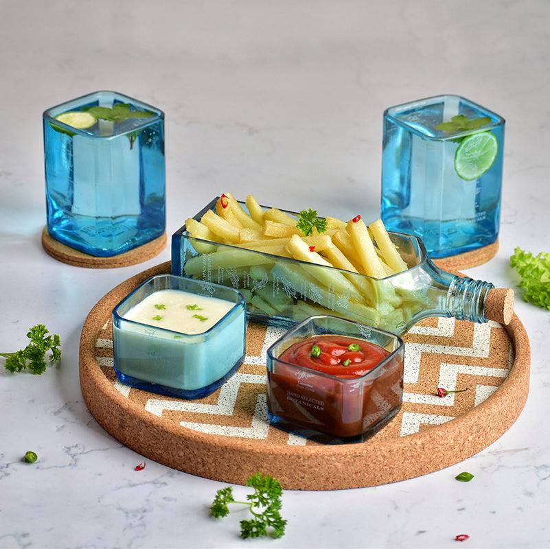 Kavi Bombay Sapphire bottle platter with cork tray for serving drinks, featuring a sleek, artistic design for stylish presentation.