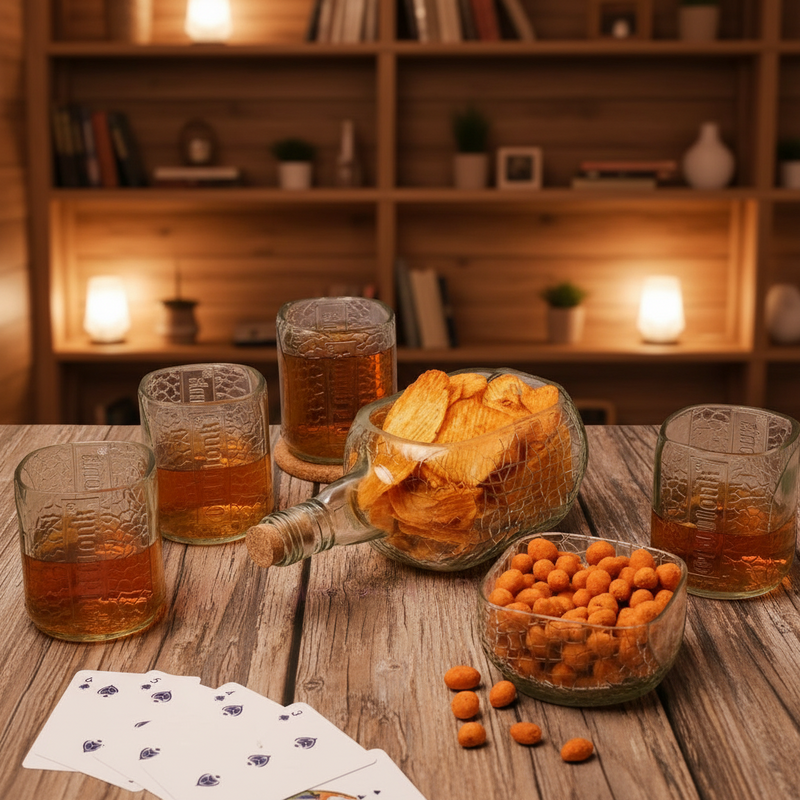 Glass decanter with snacks and drinks on a wooden table in a cozy room.