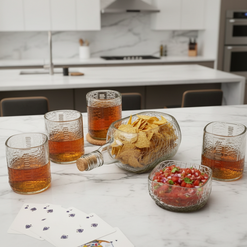 Glassware with drinks and snacks on a kitchen counter