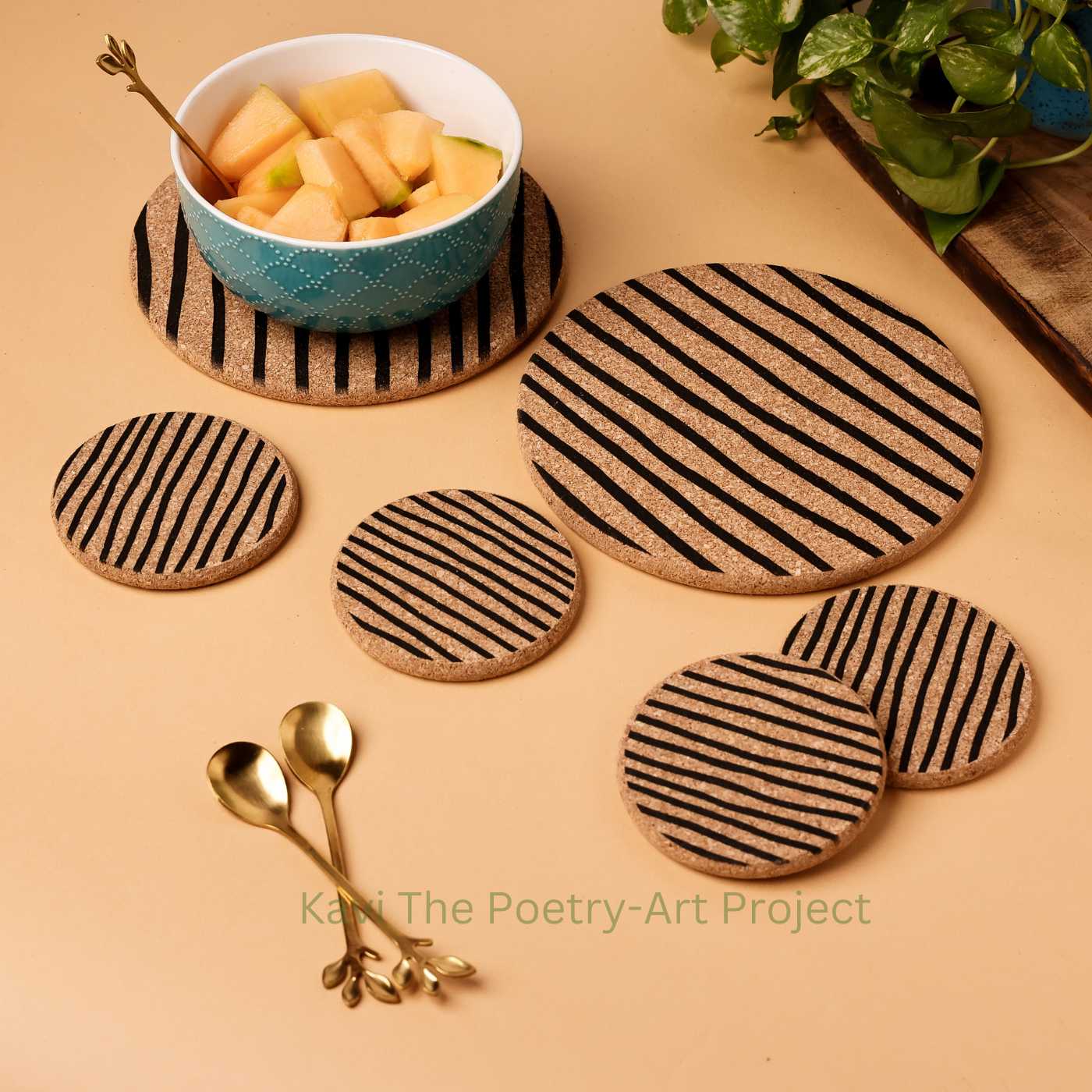 Kavi Lines Design Cork Trivets With Coasters