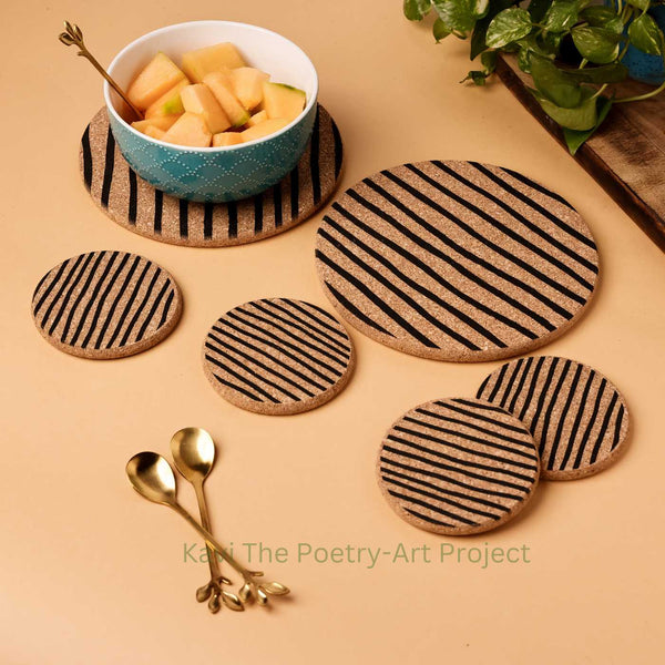 Kavi Lines Design Cork Trivets With Coasters