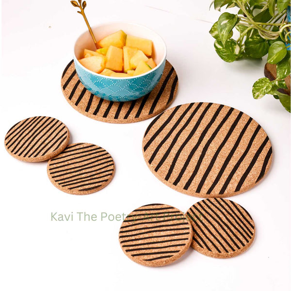 Kavi Lines Design Cork Trivets With Coasters