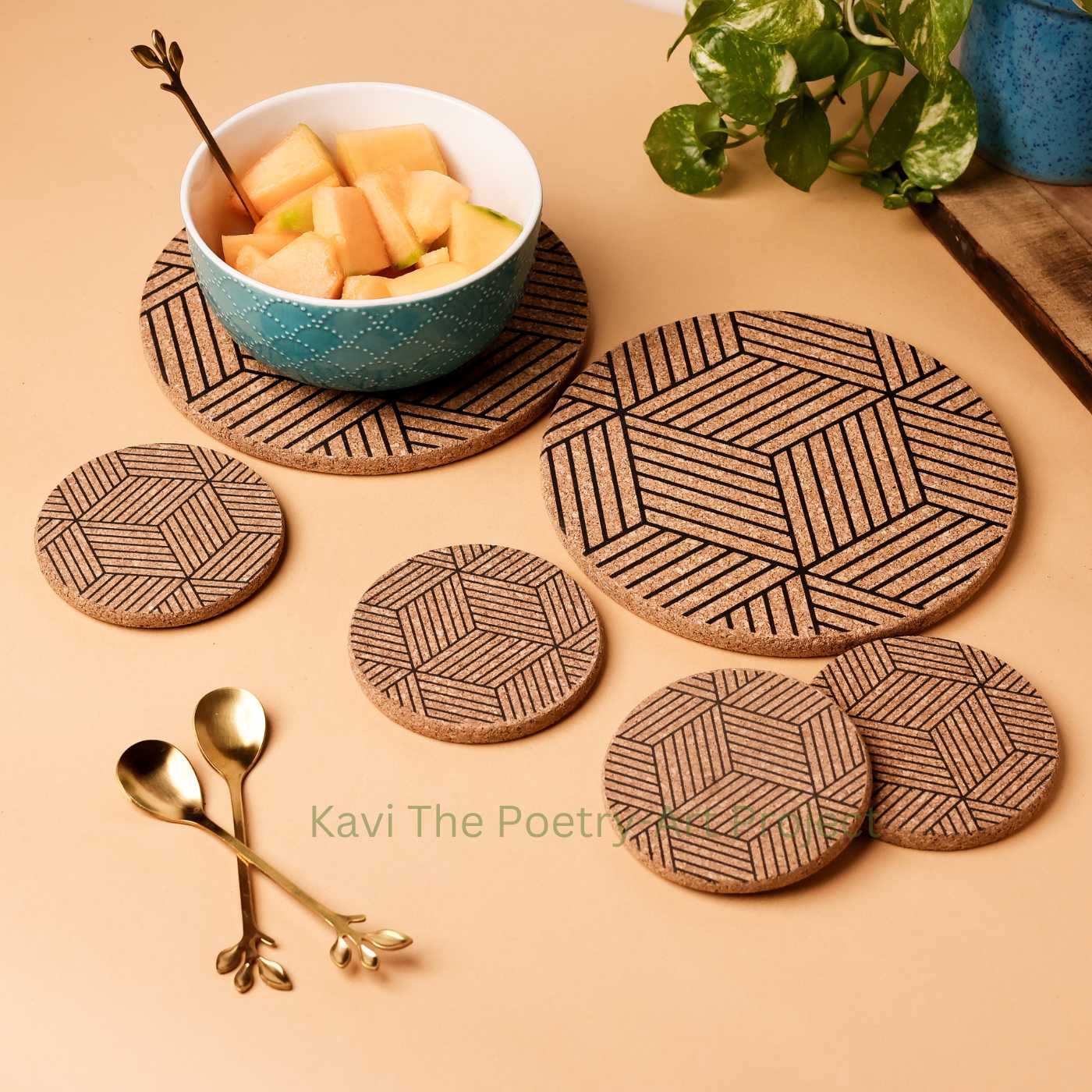 Kavi Geometric Design Cork Trivets With Coaster