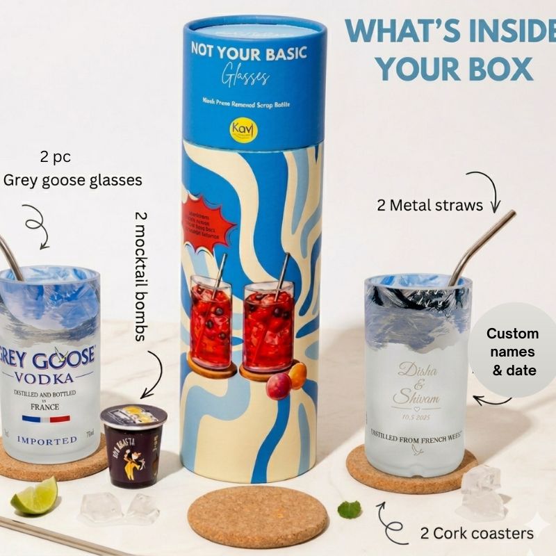 Set of customized engraved grey goose bottle glasses from Kavi The Poetry-Art Project drinkware set, featuring artistic etched designs.