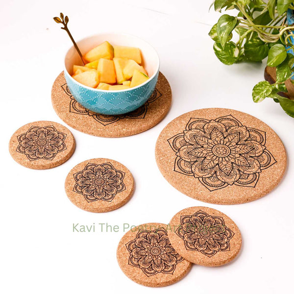 Kavi Mandala Design Cork Trivets With Coaster