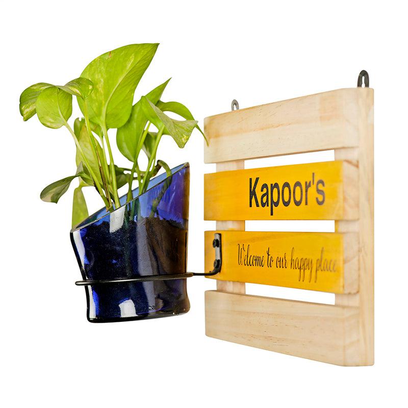Customised Yellow Living Name Board With Antiquity Planter